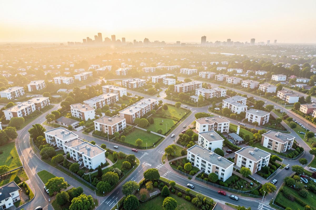 Aerial view of a planned low-rise residential district